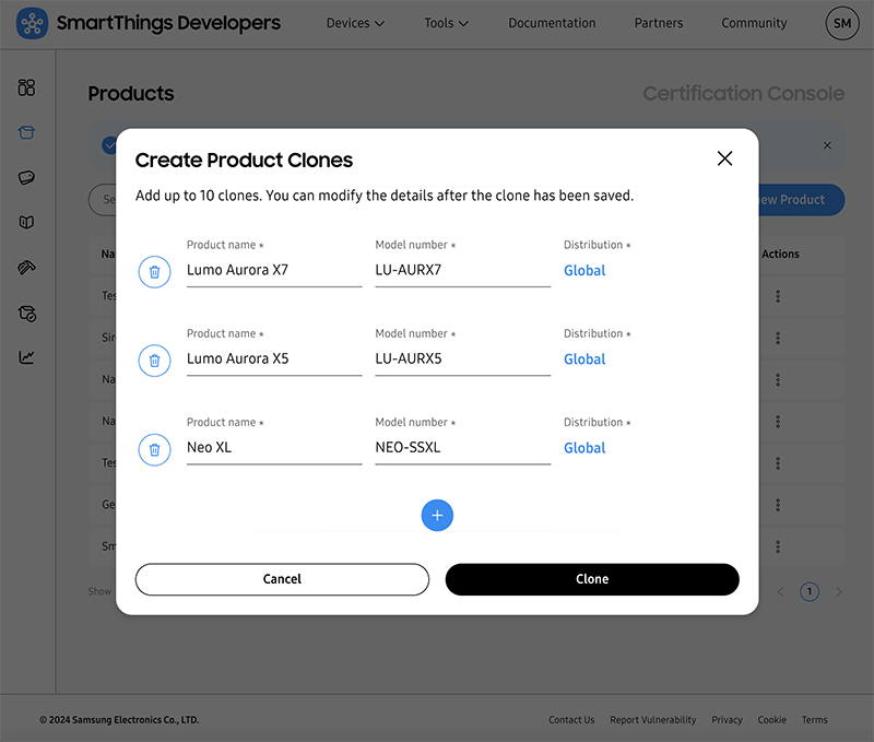 Clonage de produits SmartThings, écran Créer des clones de produits