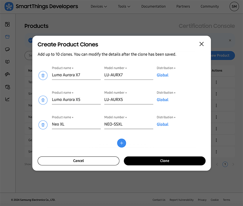 SmartThings Product Cloning, Create Product Clones Screen