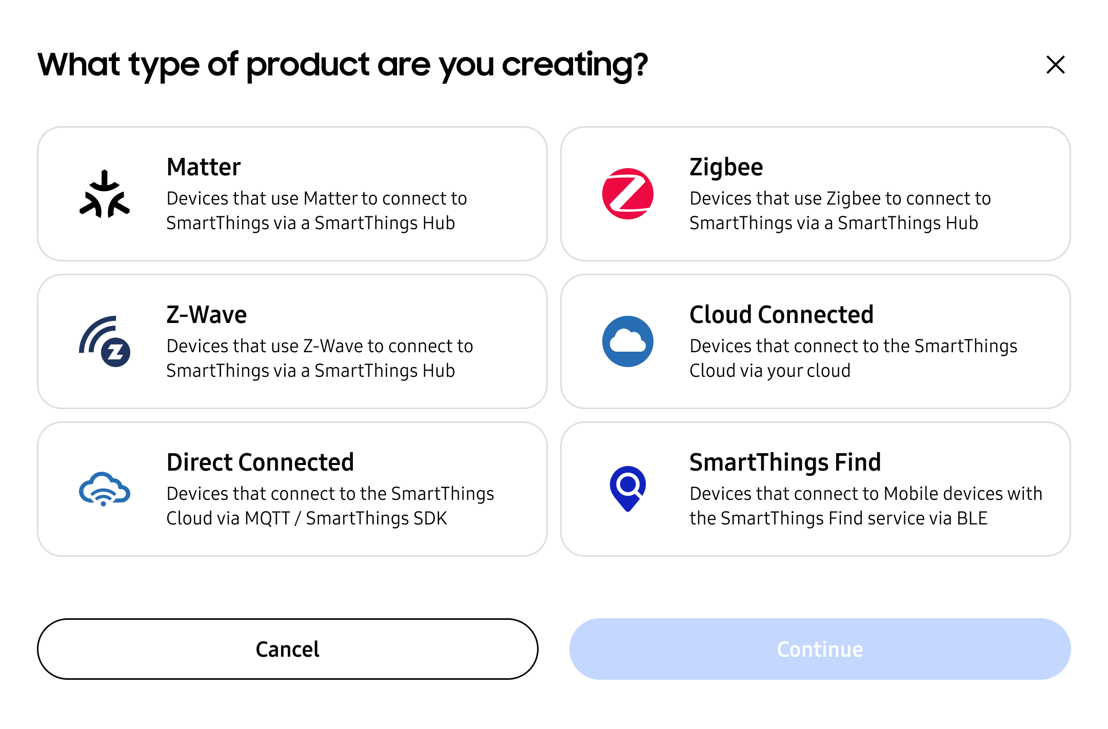 SmartThings Choose Your Integration Type Menu
