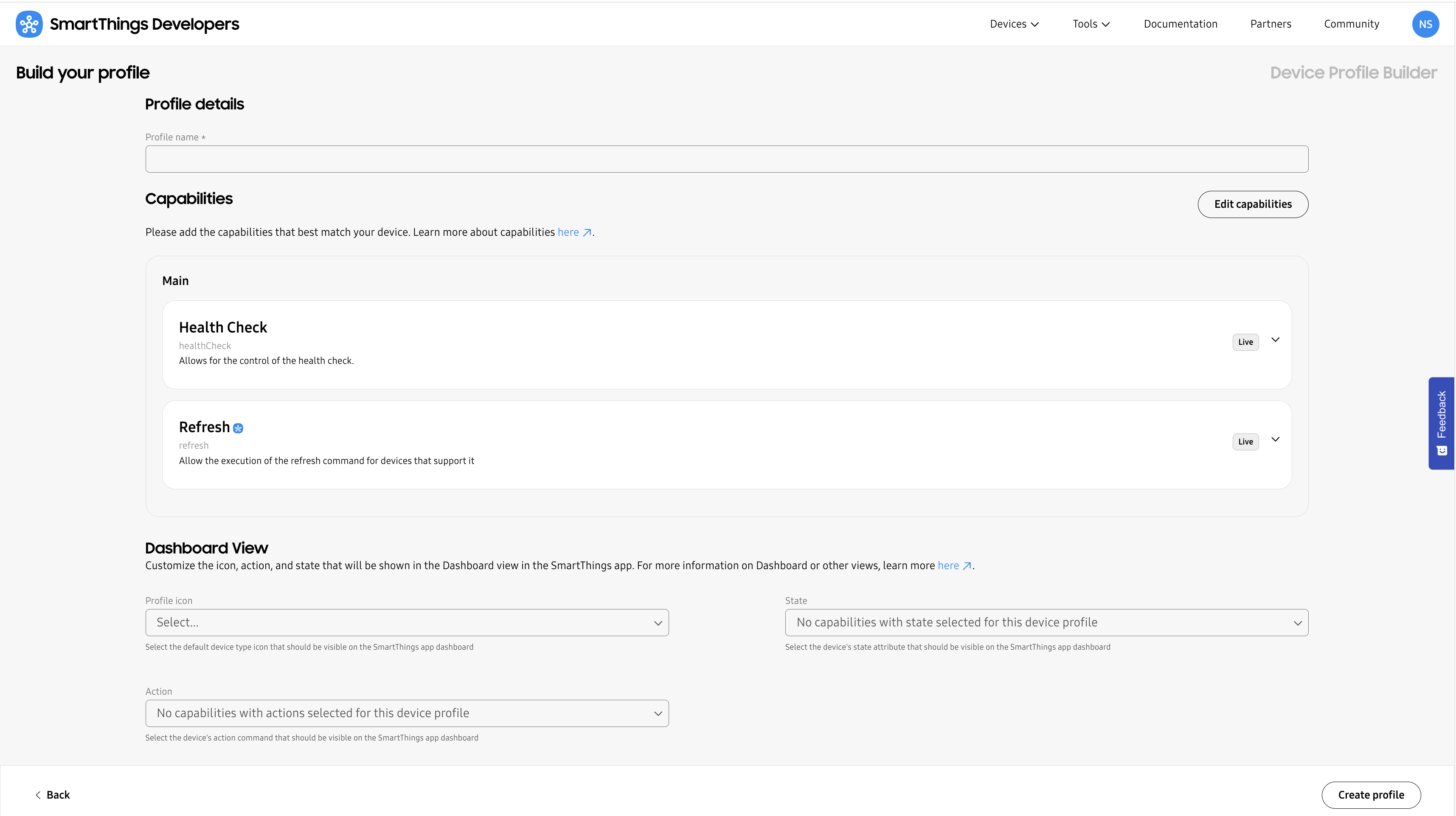 Create your Device Profile in the SmartThings Certification Console
