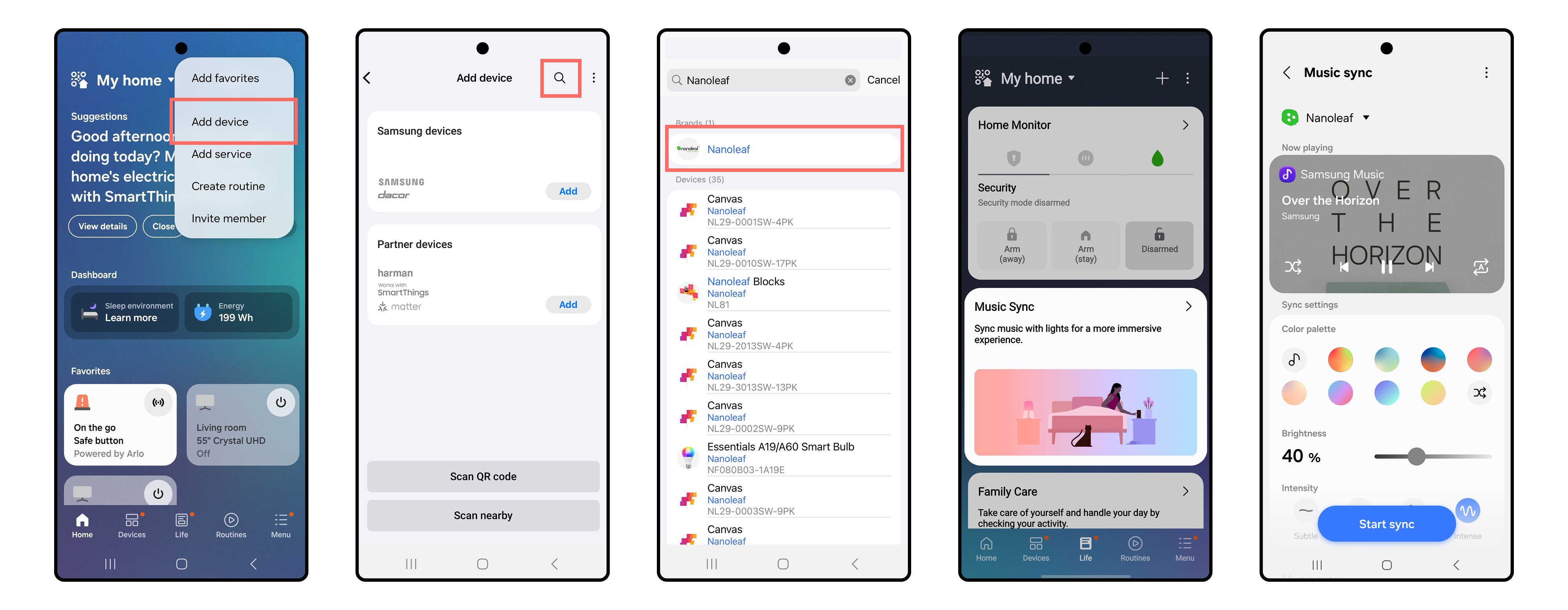 SmartThings Music Sync and Nanoleaf Setup Screens